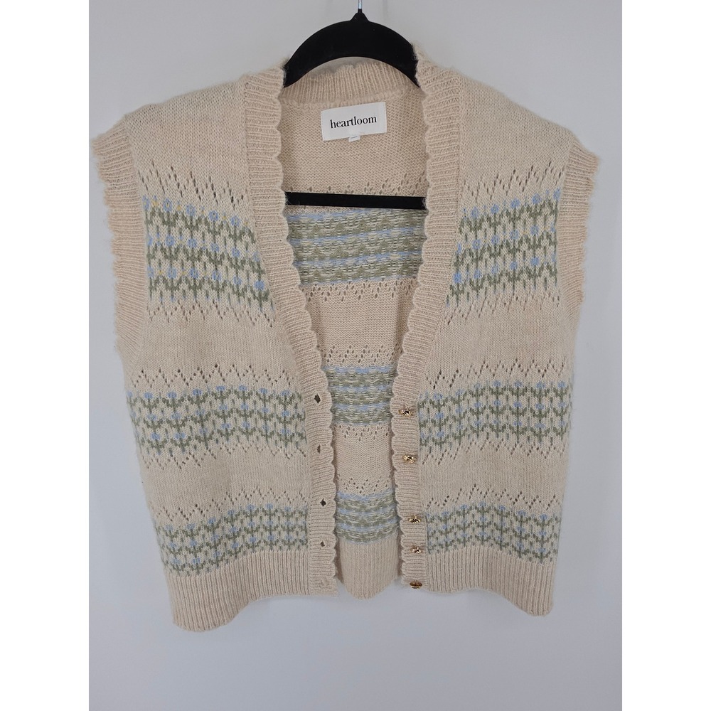 Heartloom Cream Floral Pointelle Knit Sweater Vest Gold Button V-Neck Medium